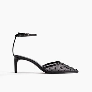 NWT Black Ankle Strap Heels with Studded Mesh